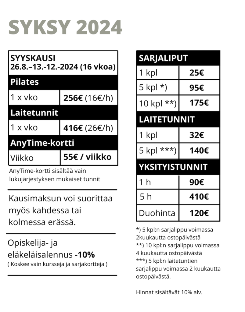 Pilates-Mikkeli hinnasto syksy 2024